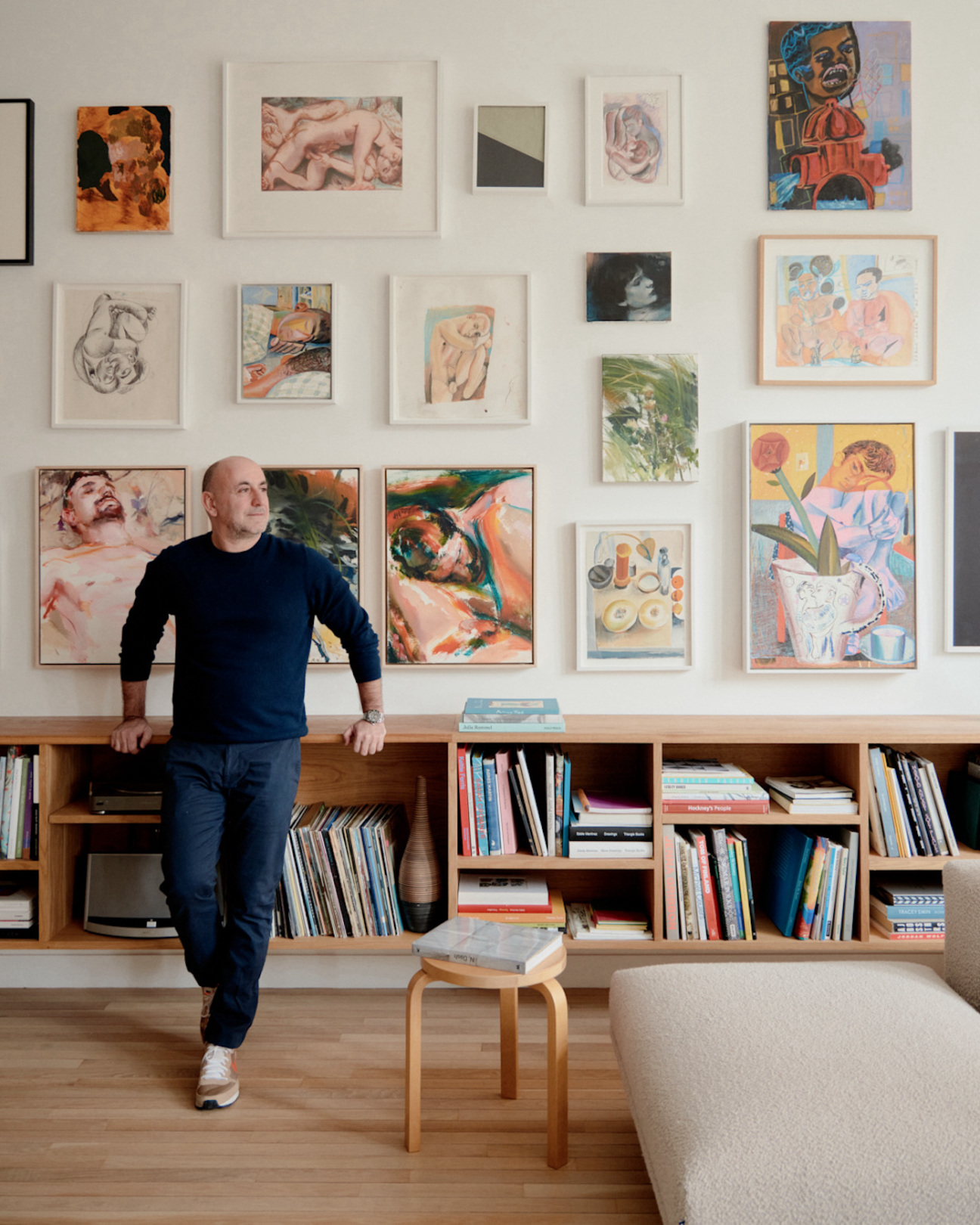 Bottom row, left to right: Doron Langberg, Brice, 2021. Doron Langberg, Earth, 2019. Doron Langberg, Andrew, 2022. Louis Fratino, Melons, 2019. Louis Fratino, Self with a vase, 2017. Middle row: Louis Fratino, Untitled, 2019. Louis Fratino, Alarm, 2017. Louis Fratino, Hairy Couple, 2020. Louis Fratino, sunlit nude, 2019. Doron Langberg, Meat Rack, 2022. Paul P., Untitled, 2013. Jonathan Lyndon Chase, Untitled, 2018. Top row: Doron Langberg, Untitled, 2015. Louis Fratino, New Bedroom, 2021. Sarah Crowner, Untitled, 2014. Louis Fratino, Untitled, 2017. Jonathan Lyndon Chase, Calling Jawn, 2018. Photography by William Jess Laird and courtesy of Ilan Cohen and Vipp.