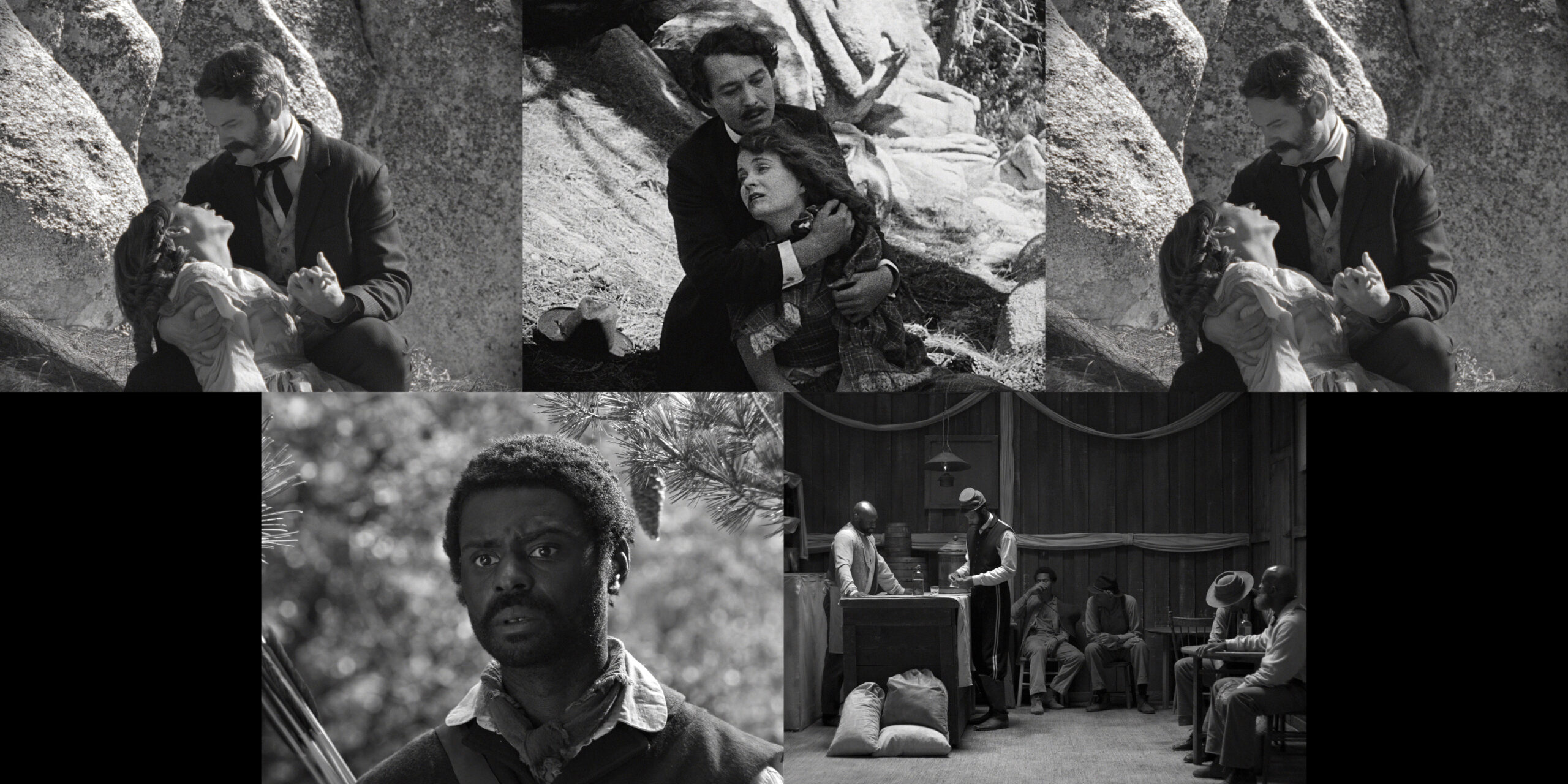Array of black and white images from video work