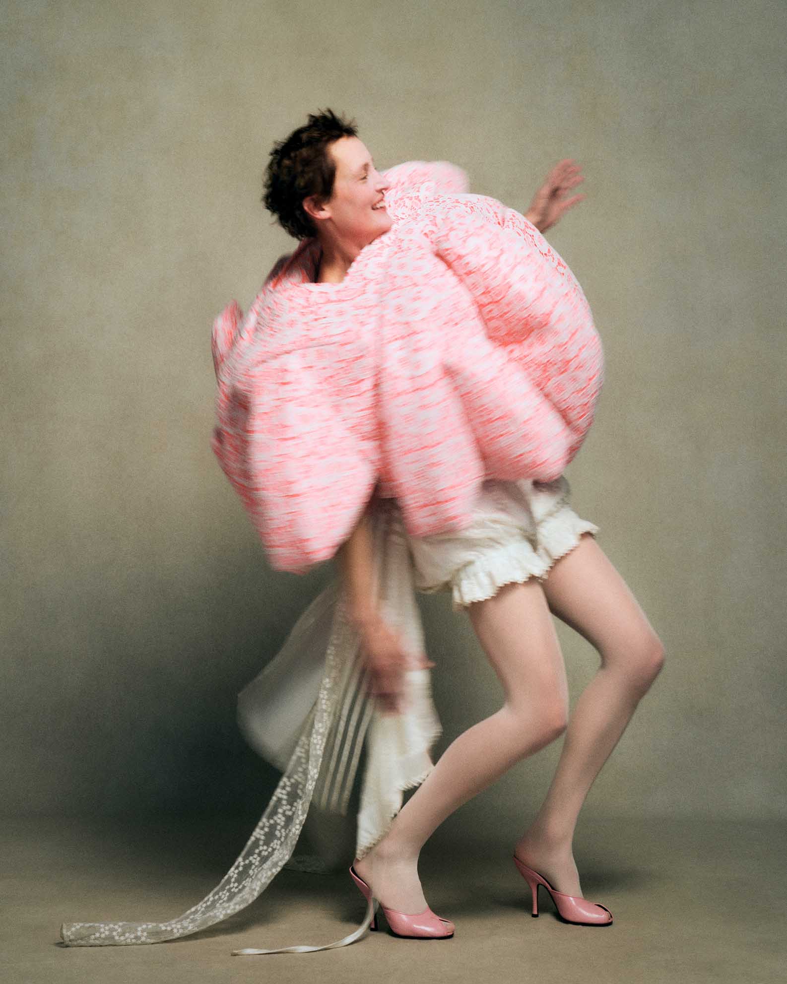 Vicky Krieps, Issey Miyake dress, Abi Wood hat, Comme des Garçons dress from 20 Age Archive, Róisín Pierce bloomers, shoes by stylist and Jude, avant-garde fashion, editorial styling