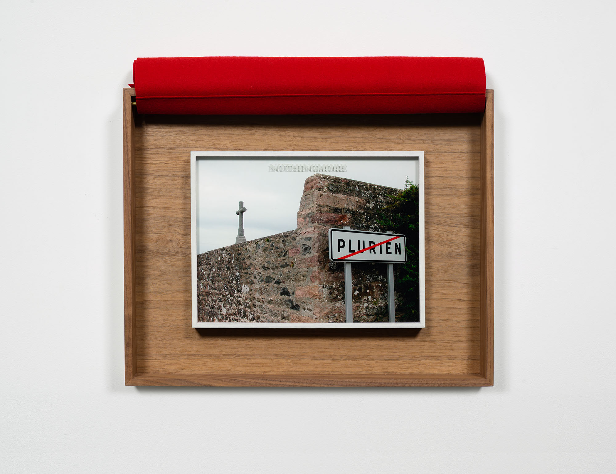 Sophie Calle.Leaving Plurien | Quitter Plurien , 2018. Color photograph, embroidered woolen cloth, framing. 15 3/8 x 19 5/16 inches. Photographer: Jason Mandella. ©Sophie Calle / ADAGP, Paris & ARS, New York, 2018. Courtesy of the artist and Perrotin