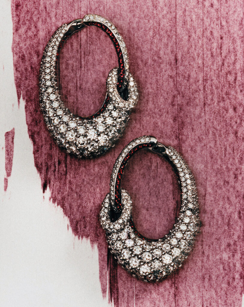 All jewelry by Graff. Be Together Round Ruby and Diamond Earrings set in white gold.