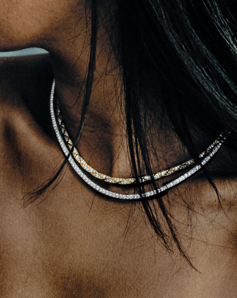 Laurence Graff Signature White Round Diamond Double Row Necklace set in yellow and white gold.