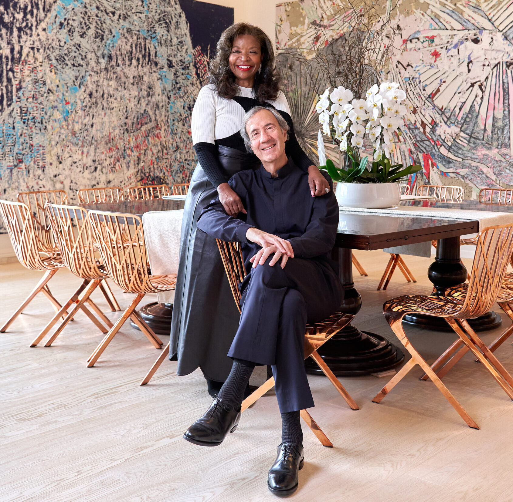 Pamela Joyner and Fred Guiffrida with Frank Bowling, Samson’s Arrival, 1989–90; Mark Bradford, Lead Belly, 2012; Norman Lewis, Afternoon, 1969; and Mark Bradford, No Time to Expand the Sea, 2014.