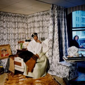 Andre Leon Talley and Fran Lebowitz in a redecorated hospital room after his knee surgery. Image courtesy of Jason Schmidt.