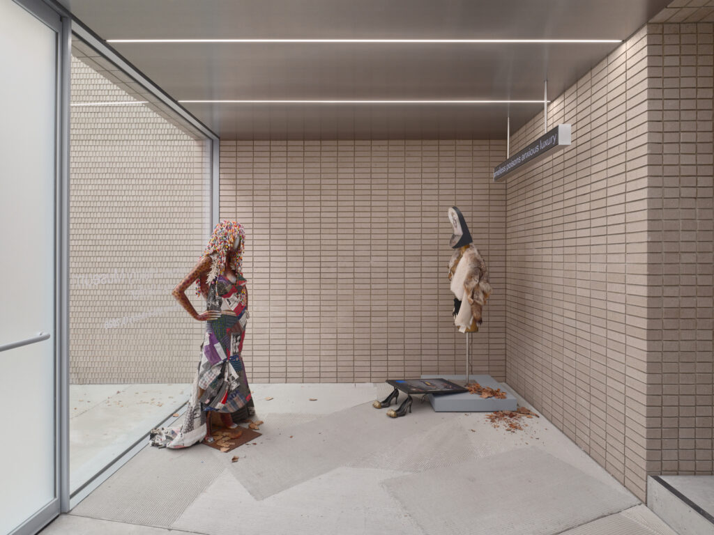 Installation view in a corner gallery space with pale brick walls and a concrete floor. On the left stands a mannequin draped in a patchwork dress made of multicolored fabric squares and topped with a headpiece of woven materials. Across from it, another mannequin is suspended, wearing a fur-trimmed garment, below it are a TV monitor and a pair of high heels. Beneath it, a pair of black high heels rest beside open books and scattered leaves. Overhead, a narrow LED light strip and a hanging sign reading “ameless poisons anxious luxury."