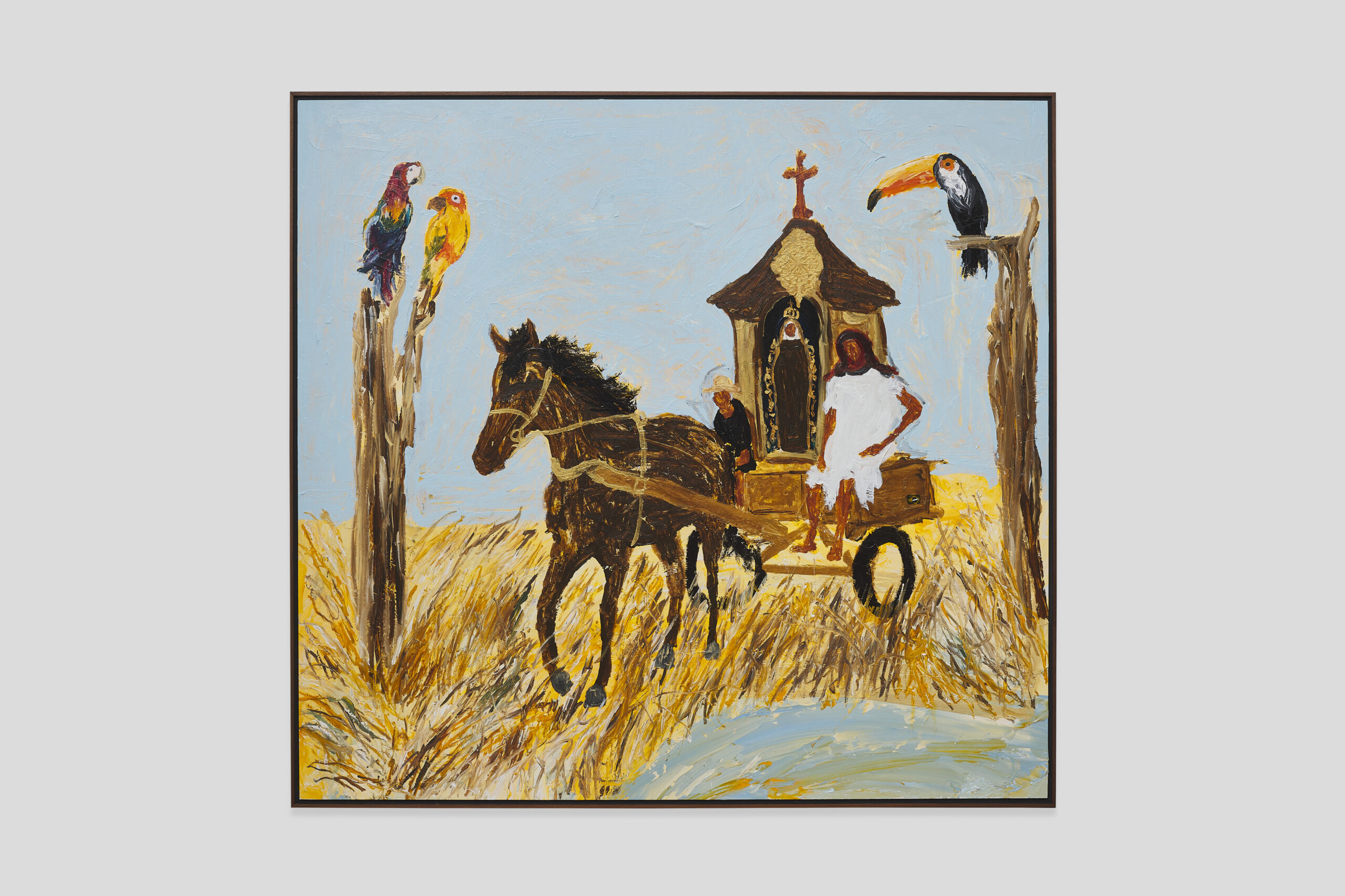 Elian Almeida, “Farewell, Our Lady to God. If time allows, I shall return here again. Come renew me. Farewell, Our Lady to God. Help my people. Help me to say goodbye. Until the day of judgment. Farewell, Our Lady to God. Farewell, home. Farewell, longing. Where the birds grew sorrowful. Come renew my longing. Farewell, Our Lady to God,” acrylic paint, canvas.
