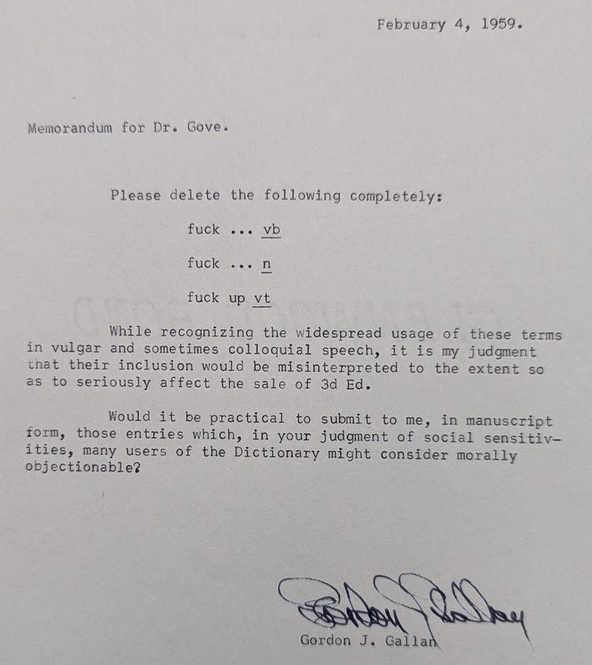 Merriam-Webster document debating adding fuck to the dictionary