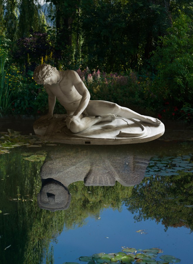 Ken Gonzales-Day Reflection (Digital Composition with Plaster Copy of Roman Copy, Dying Gaul, Royal Cast Collection, Copenhagen; Mesoamerican, Chac Mool, National Museum of Anthropology, Mexico City; Monet’s House and Garden, Giverny), 2025