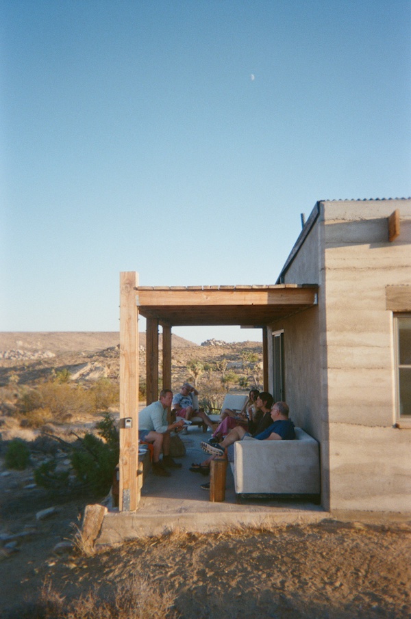 The guests at Dan John Anderson's Joshua Tree gathering: Robert Goff, Jack Pierson, Anderson, Kyle Simon of Farrington Press, the architect Linda Taalman, and Peter Brooks. Photo by Lily Stockman.