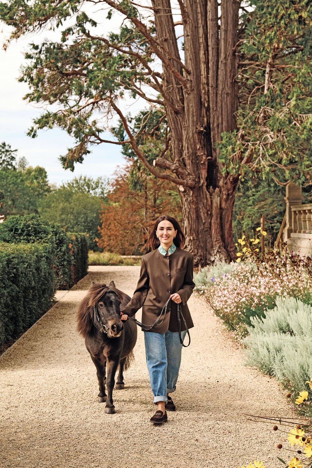 Eiesha Bharti Pasricha with her pony at Estelle Manor in Oxfordshire.