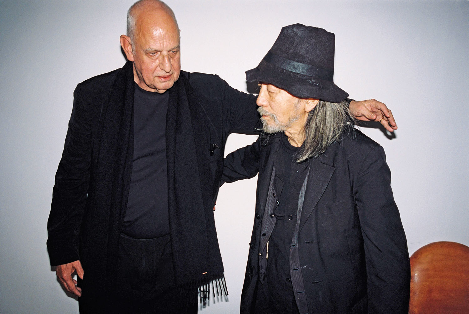 Artist Luc Tuymans and fashion designer Yohji Yamamoto at the Yohji Yamamoto offices in Paris. 