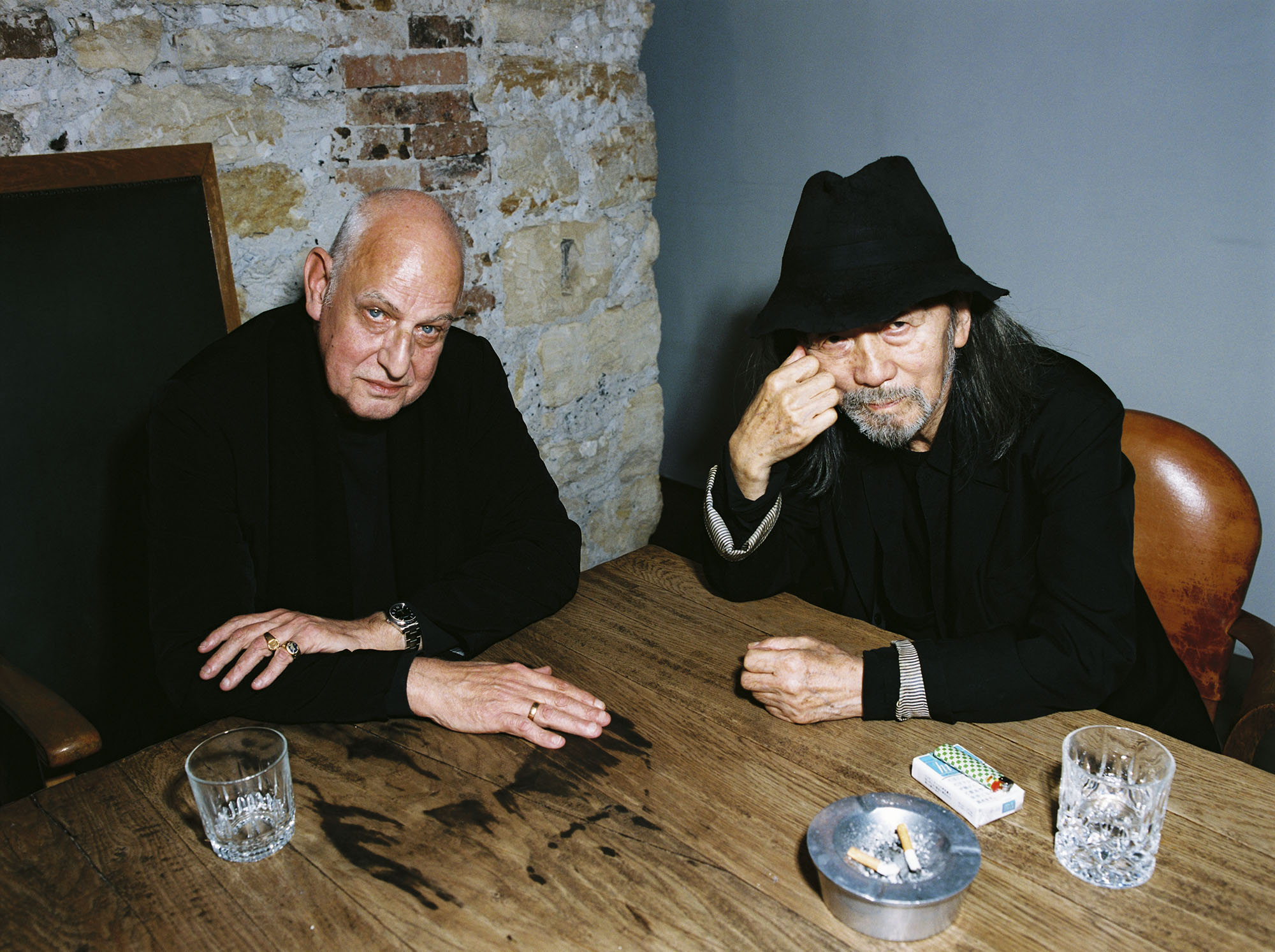 Artist Luc Tuymans and fashion designer Yohji Yamamoto at the Yohji Yamamoto offices in Paris. 