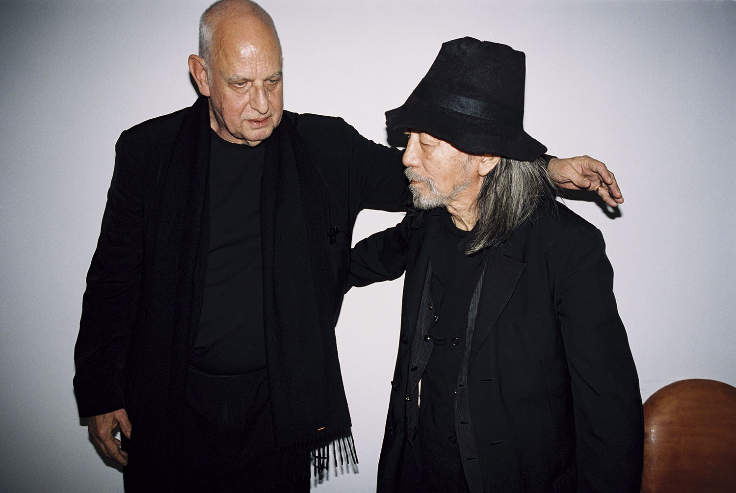 Artist Luc Tuymans and fashion designer Yohji Yamamoto at the Yohji Yamamoto offices in Paris. 