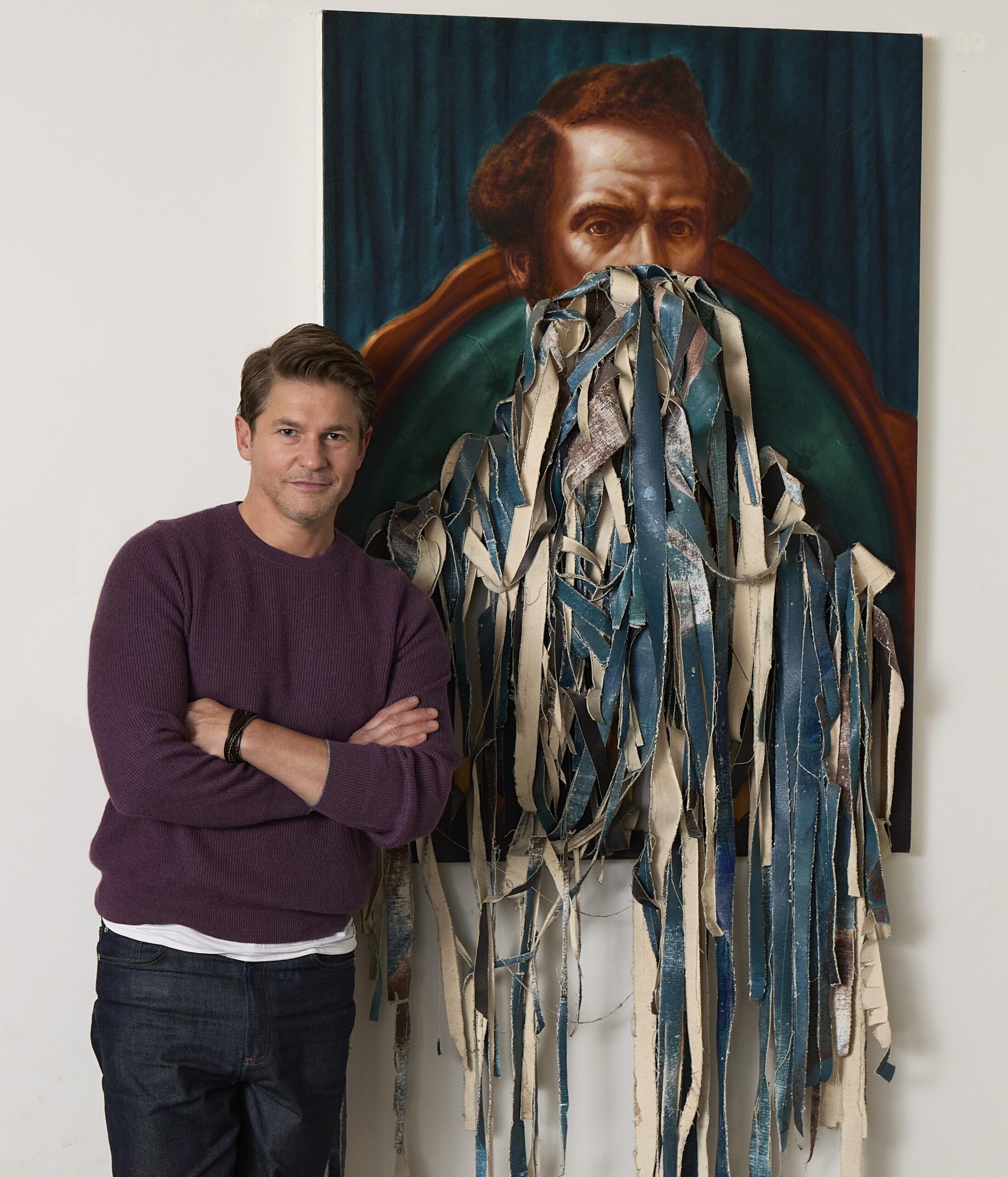 Portrait of David Burtka in his Easthampton home by Dennis Golonka with Titus Kaphar, All We Know of Our Father, 2008, courtesy of the collectors