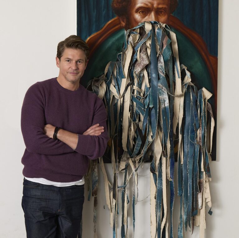 Portrait of David Burtka in his Easthampton home by Dennis Golonka with Titus Kaphar, All We Know of Our Father, 2008, courtesy of the collectors