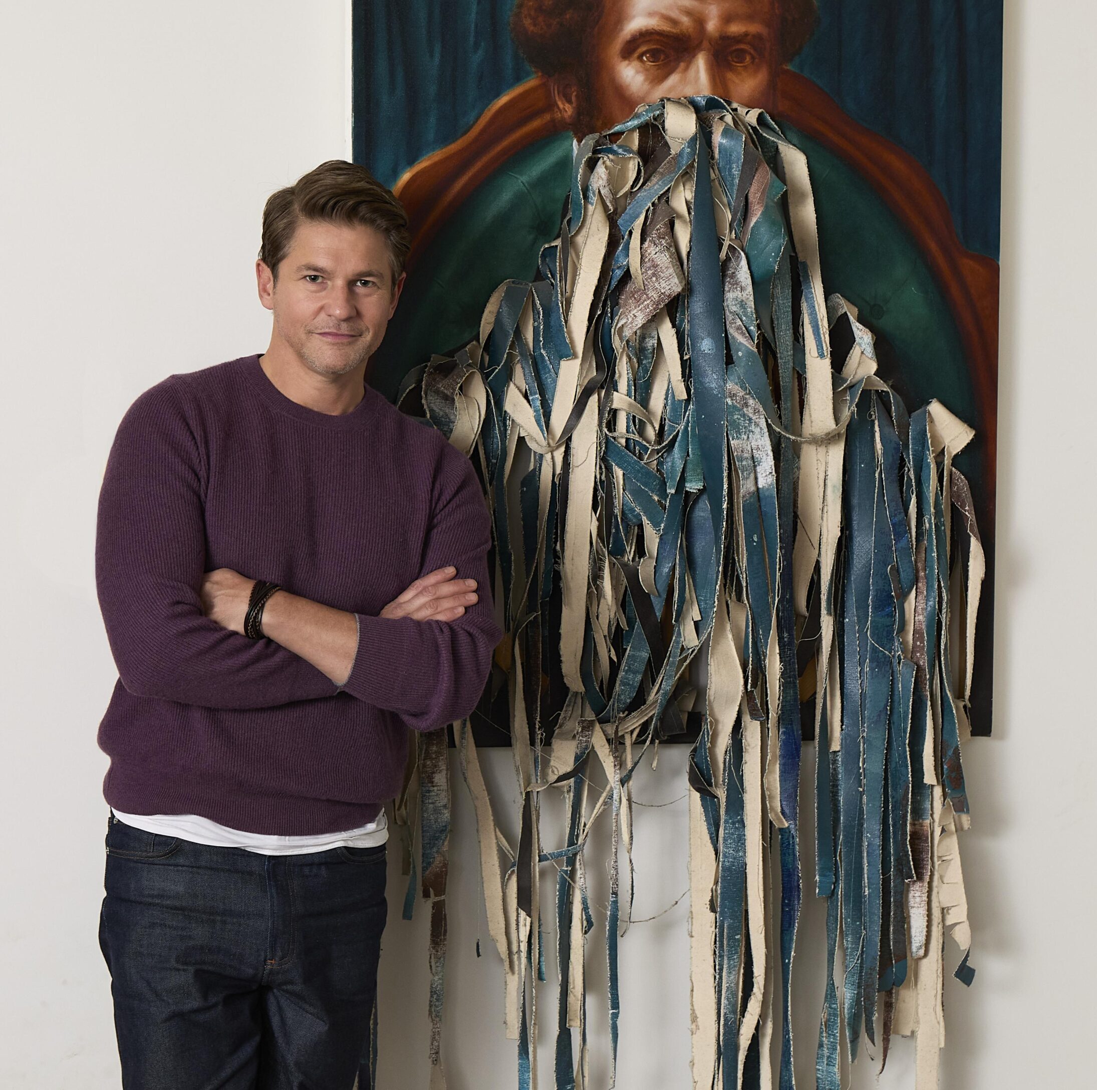 Portrait of David Burtka in his Easthampton home by Dennis Golonka with Titus Kaphar, All We Know of Our Father, 2008, courtesy of the collectors