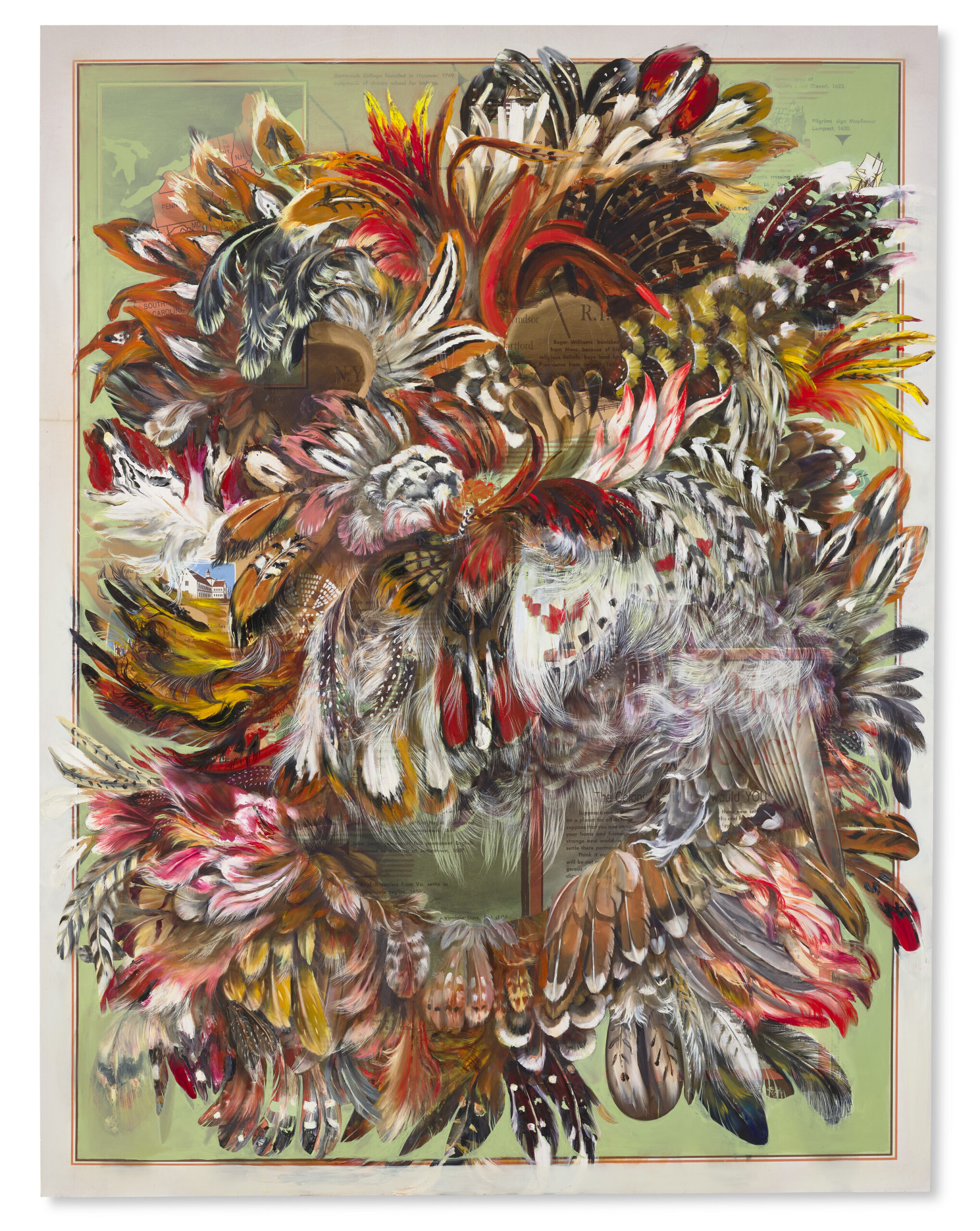 A monumental painting by Firelei Báez of colorful feathers over a map of European colonization.