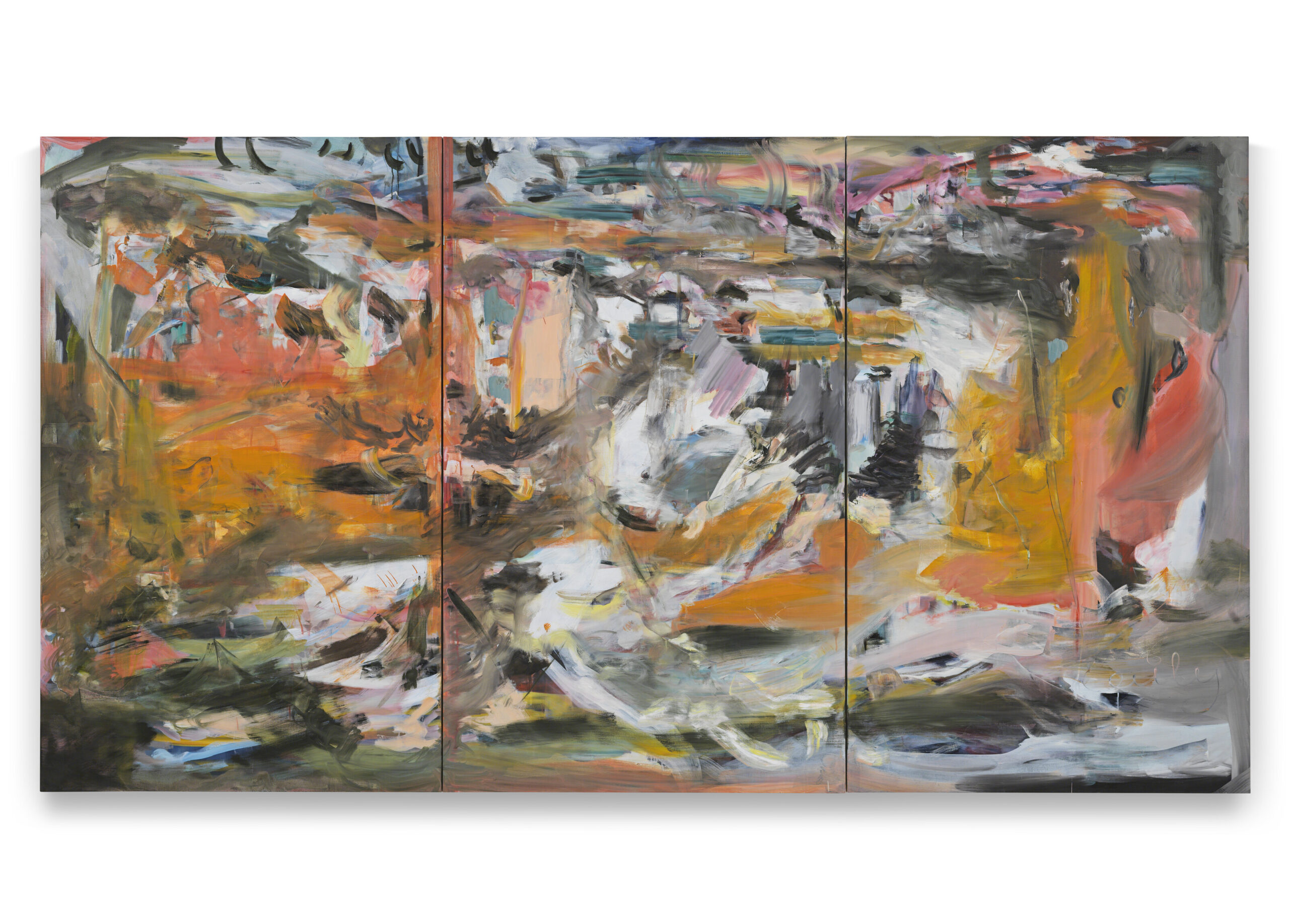 An abstract painting in grey, orange, and pink.