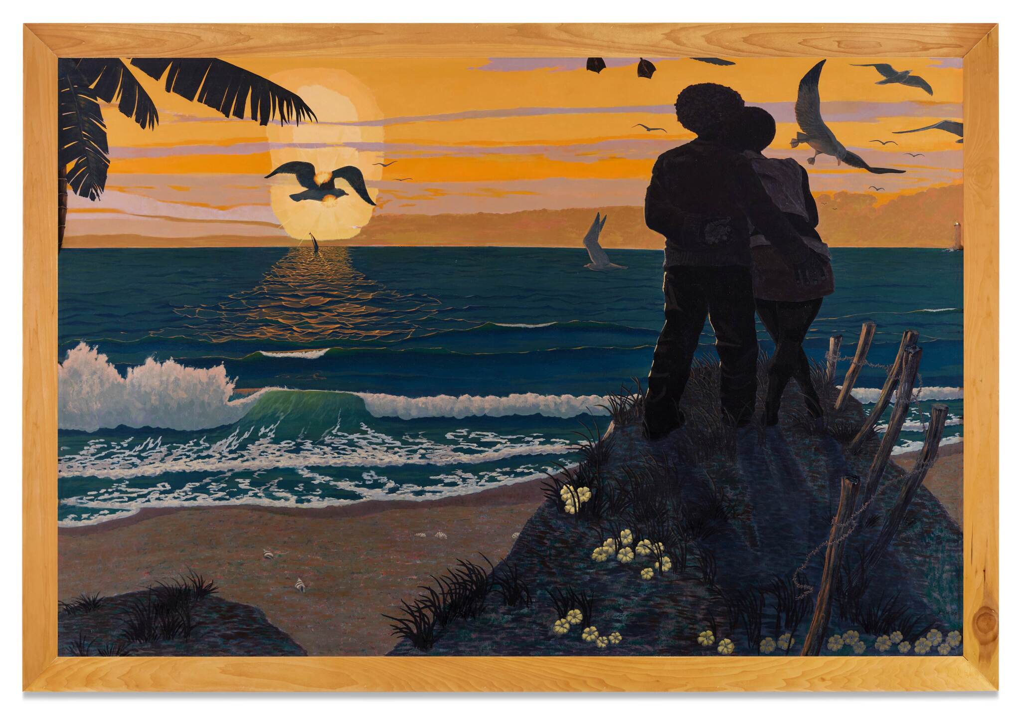 An orange and blue painting by Kerry James Marshall of a Black couple standing and looking at the ocean.