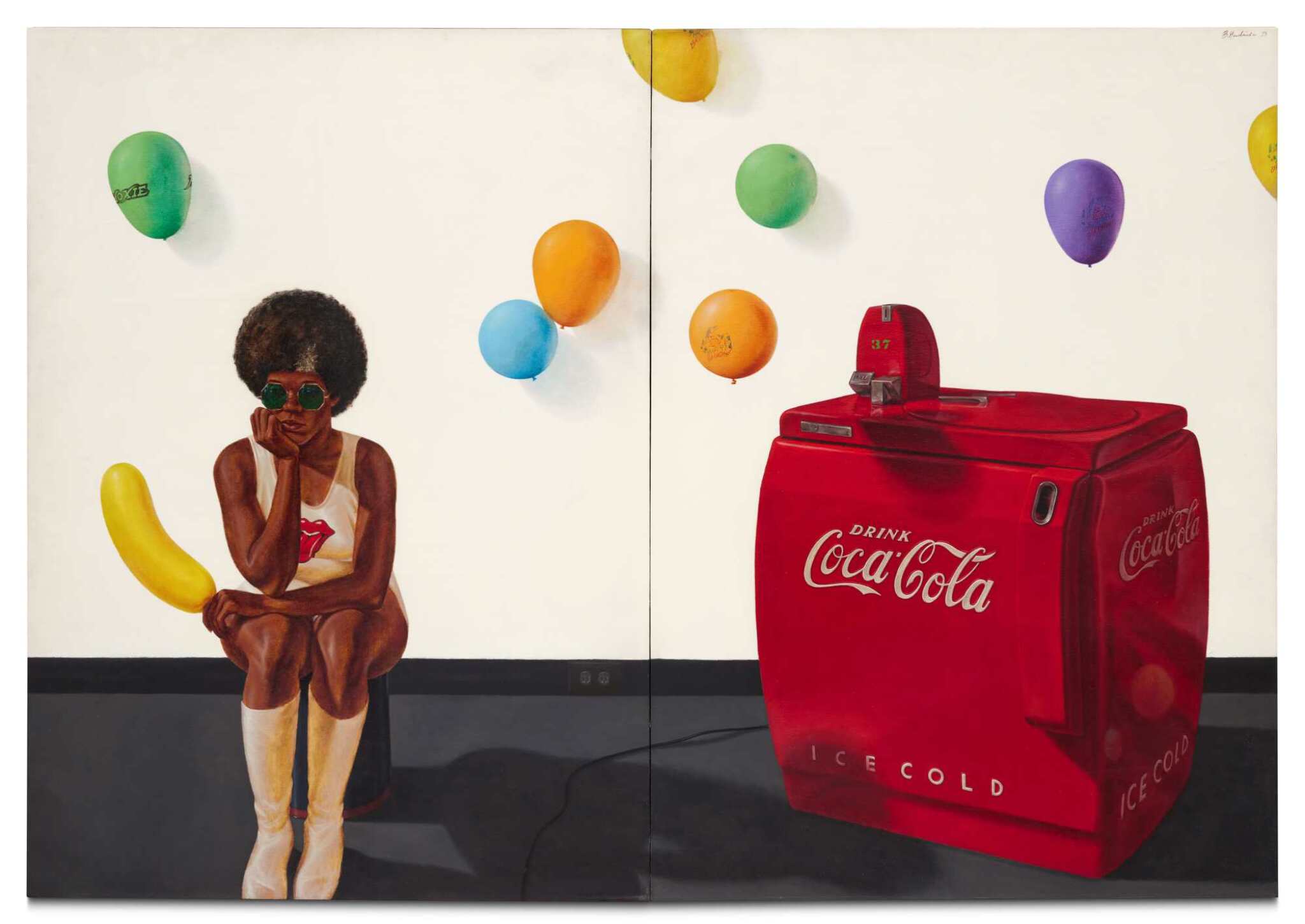 A painting of a Black woman sitting in front of balloons and a Coca-Cola branded ice box.