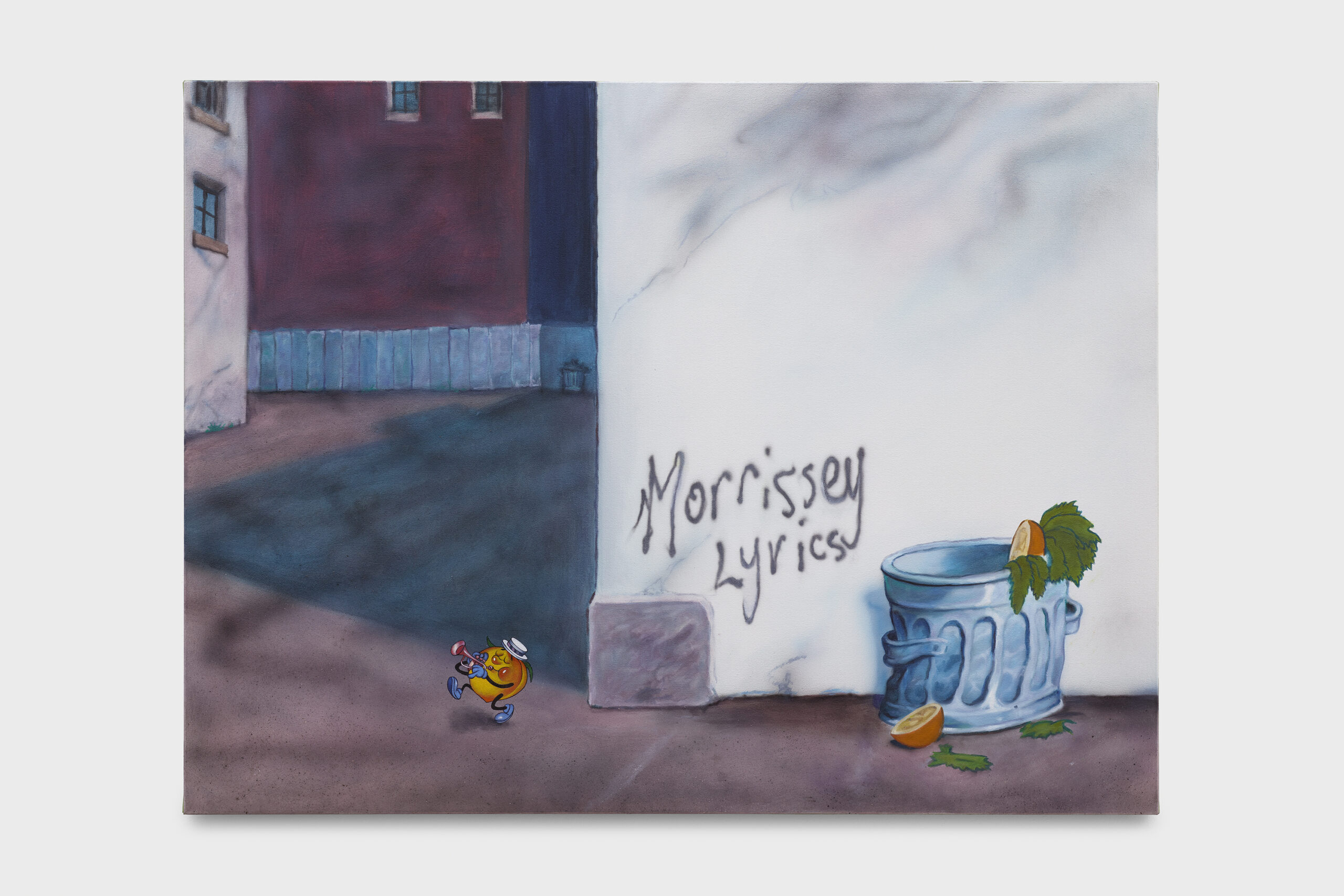 A painting by Friedrich Kunath of a street corner, some trash, and some graffiti that reads 'Morrisey lyrics.'