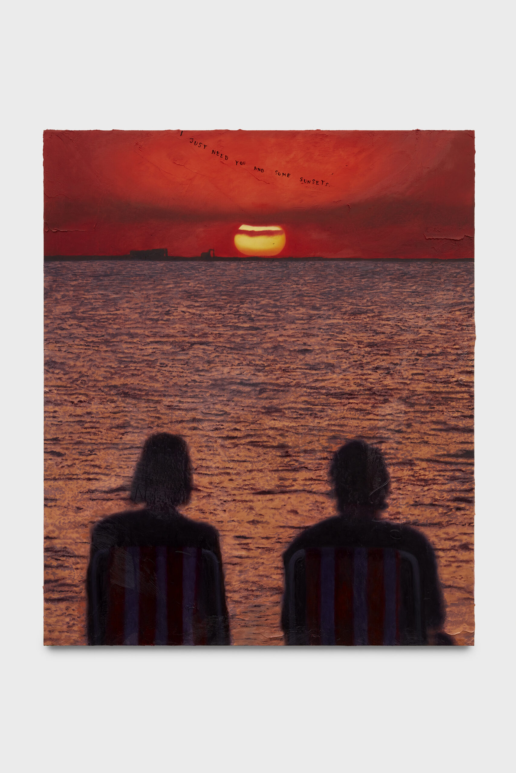 A Friedrich Kunath oil painting of two silhouettes watching a red sunset from the beach.