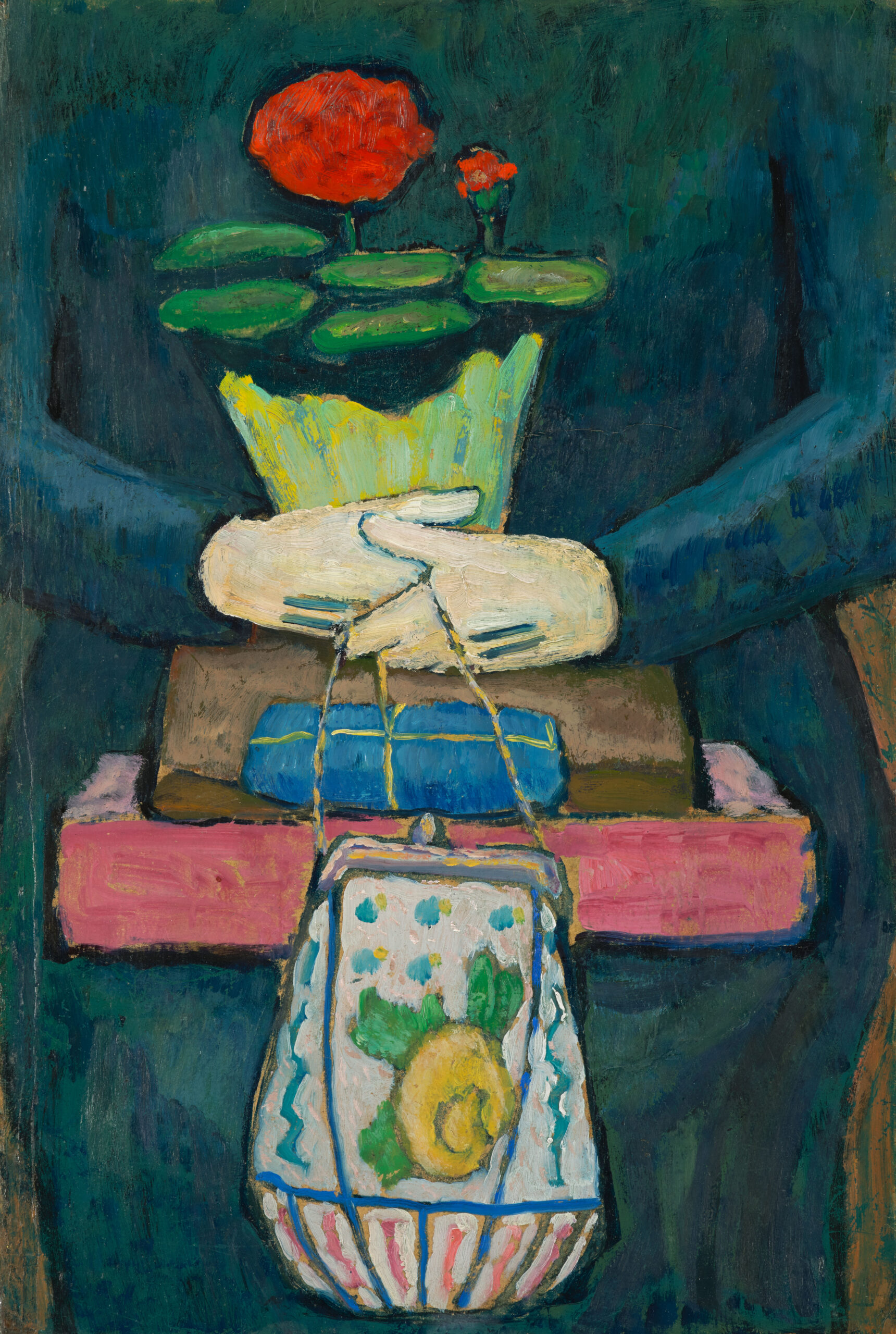 Gabriele Münter, Still Life on the Tram (After Shopping) (Stillleben in der Trambahn [Nach dem Einkauf]), ca. 1909–12. Painting on board, 19 3/4 × 13 1/2 in. (50.2 × 34.3 cm). The Gabriele Münter and Johannes Eichner Foundation, Munich. © 2025 Artists Rights Society (ARS), New York / VG Bild-Kunst, Bonn
