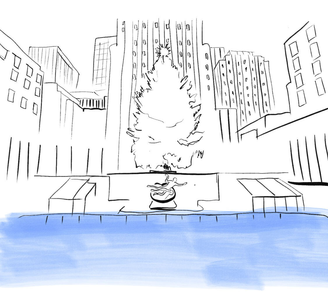 Rockefeller Center ice skating rink at the holidays illustration