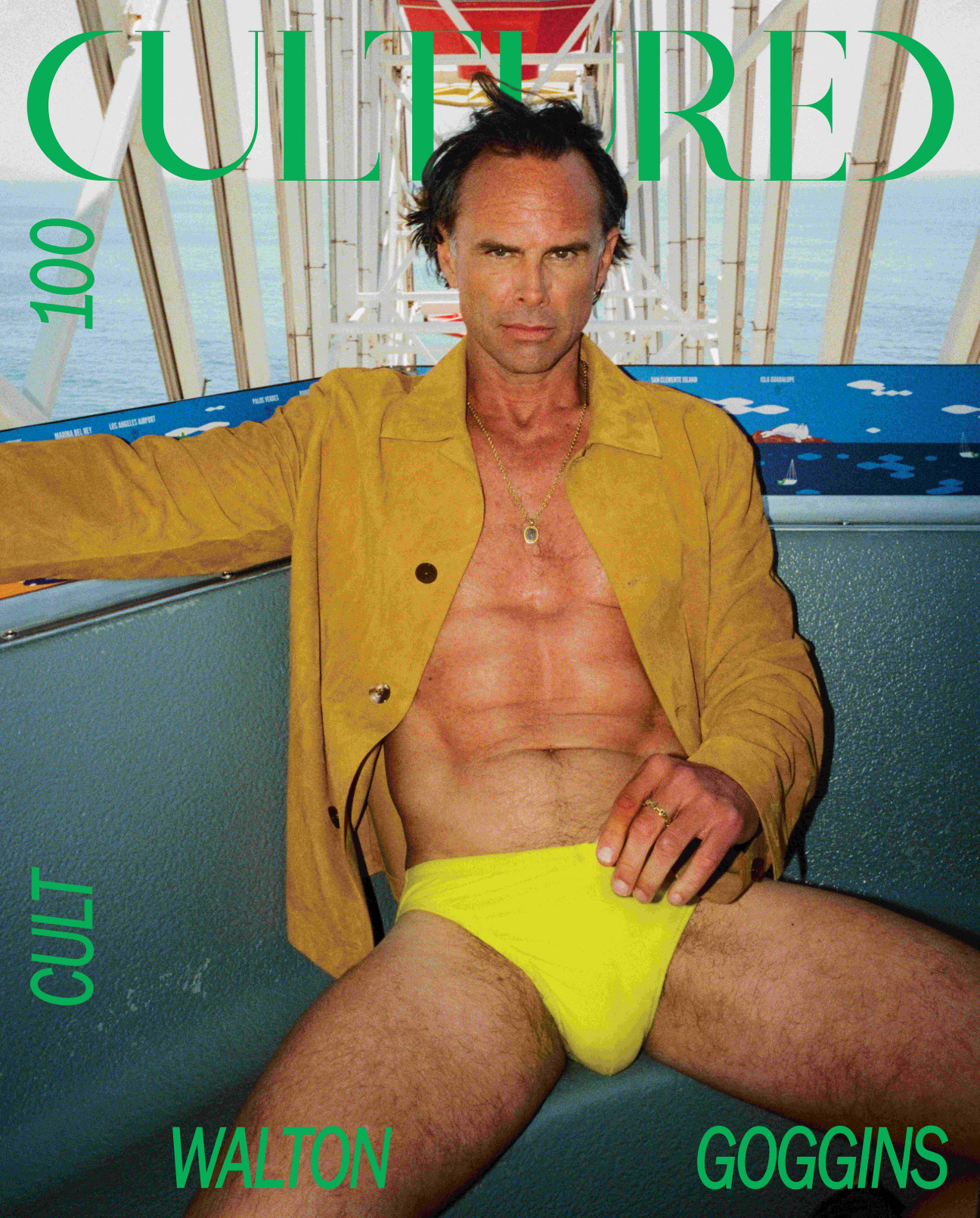 Walton Goggins wears a jacket by Zegna and swimsuit by Speedo on the Santa Monica Pier. All jewelry is actor’s own. Special thanks to Hotel Casa del Mar.