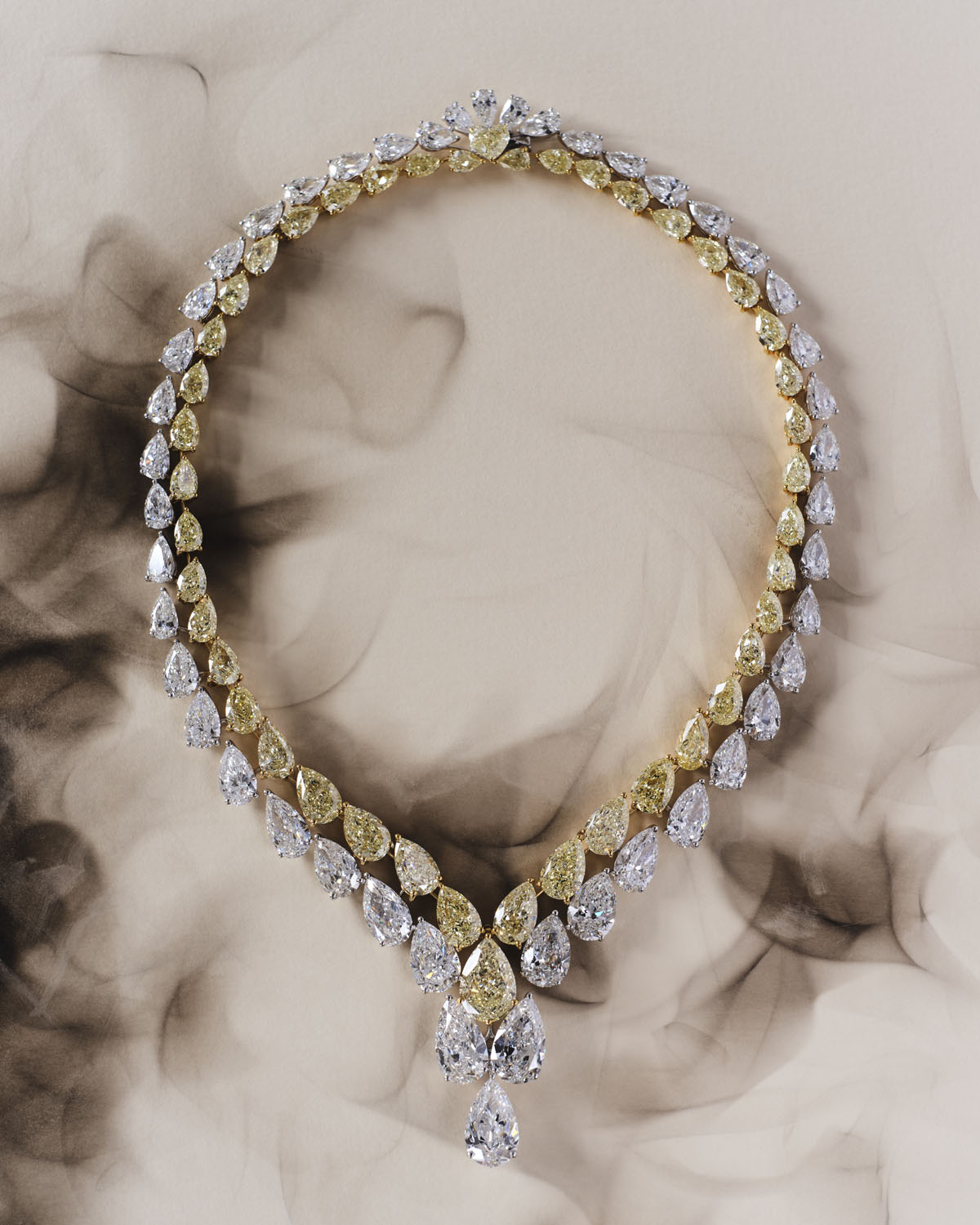Graff High Jewelry FancyYellow and White Diamond Pear Shape Double Row Line Necklace 