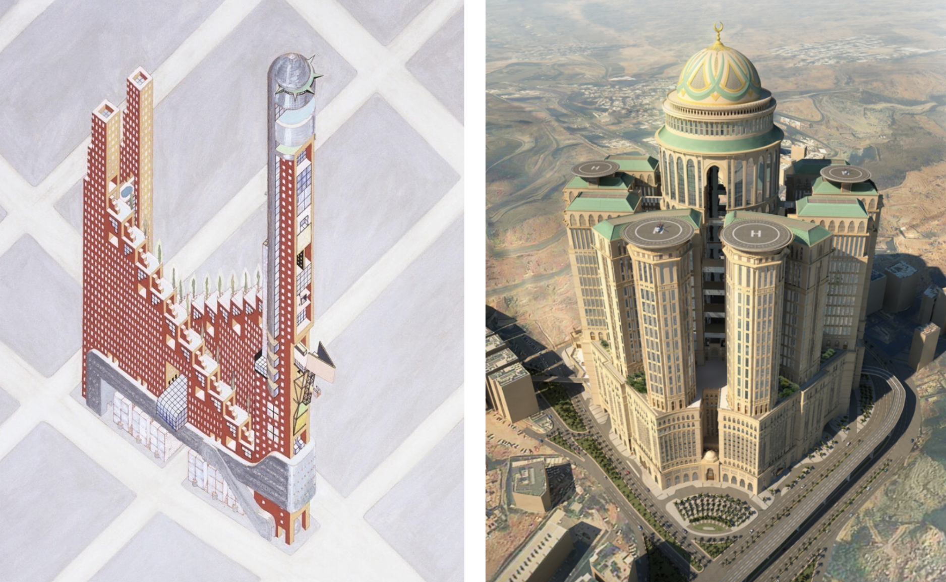 [L] Elia Zenghelis, Zoe Zenghelis, Hotel Sphinx Project, New York, New York (Axonometric) 1975–1976 [R] Rendering of Abraj Kudai in Mecca, Saudi Arabia]