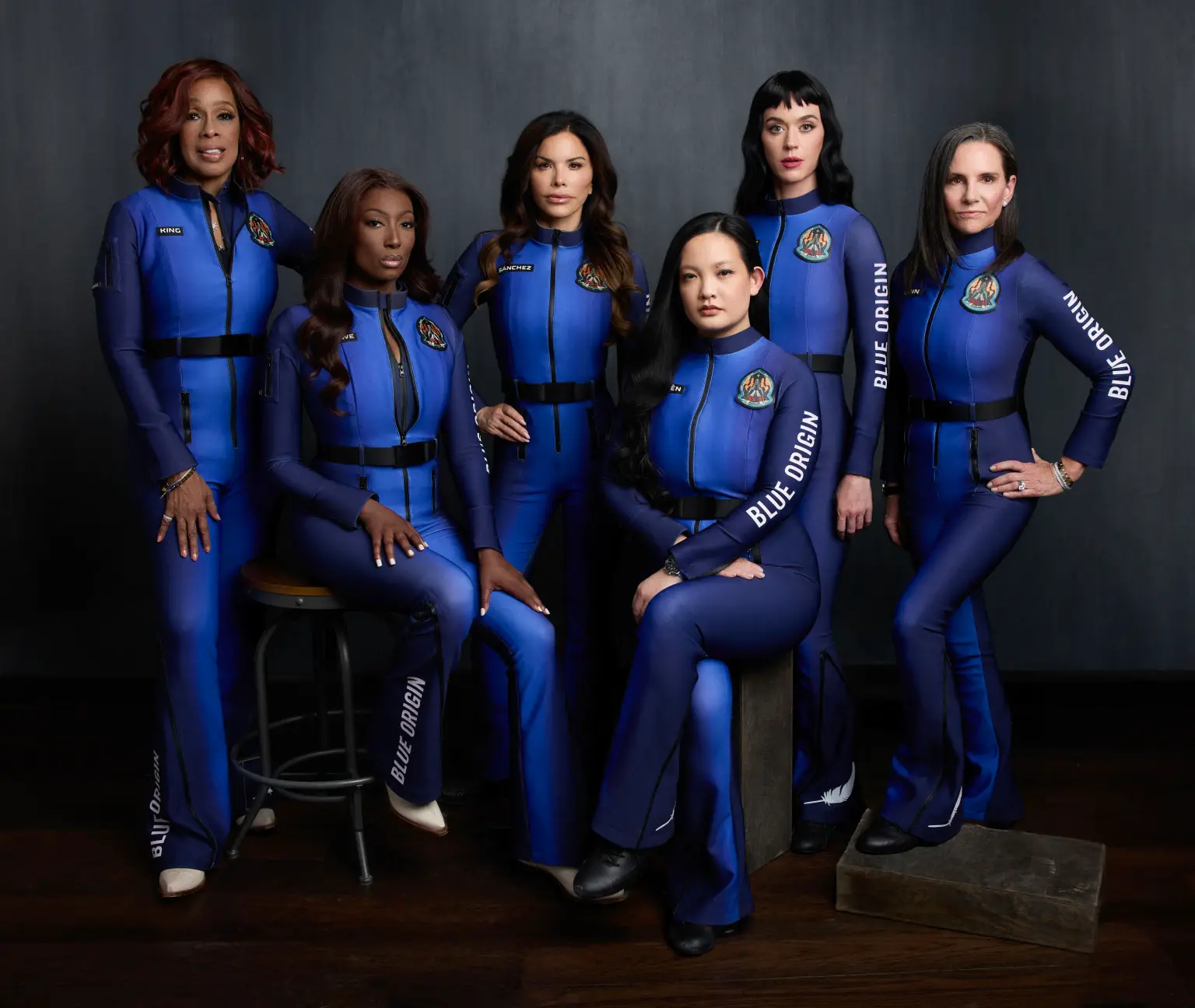 Gayle King, Aish Bowe, Lauren Sanchez, Amanda Nguyen, Katie Perry, and Kerianne Flynn in Monse spacesuits. Image courtesy of Blue Origin. 