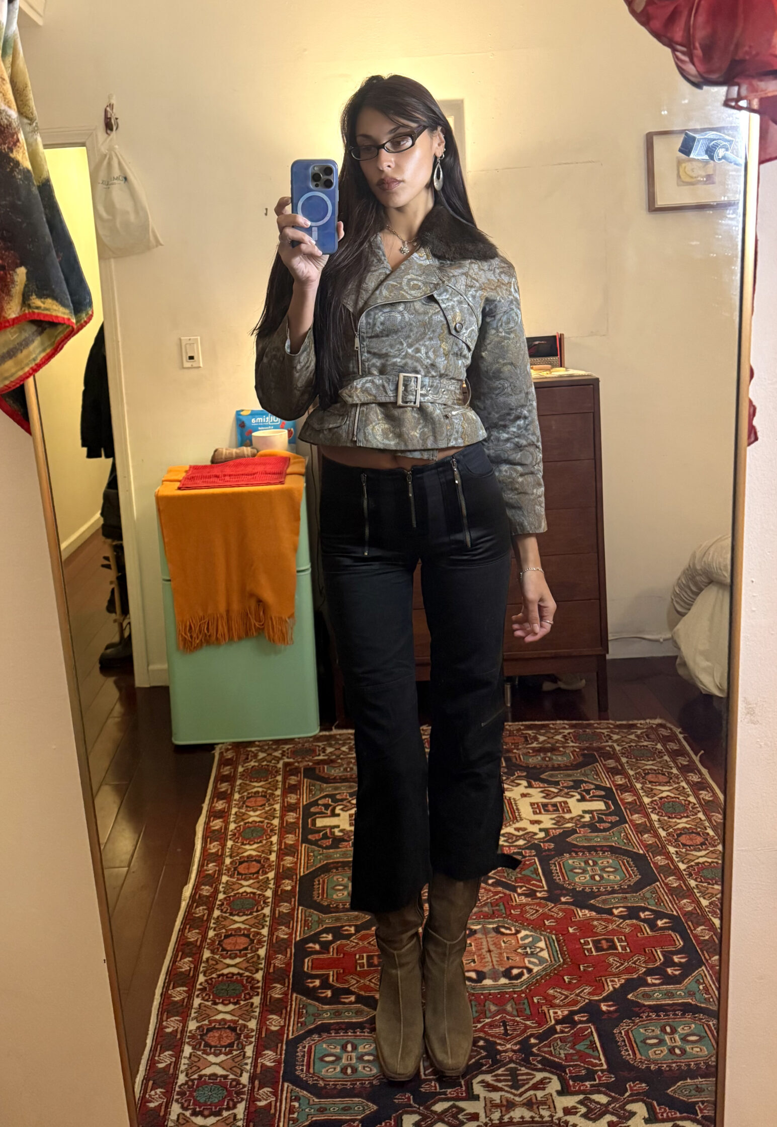 Madeline Bach in a vintage Katharine Hamnett jacket, Plein Sud pants, and Miu Miu boots