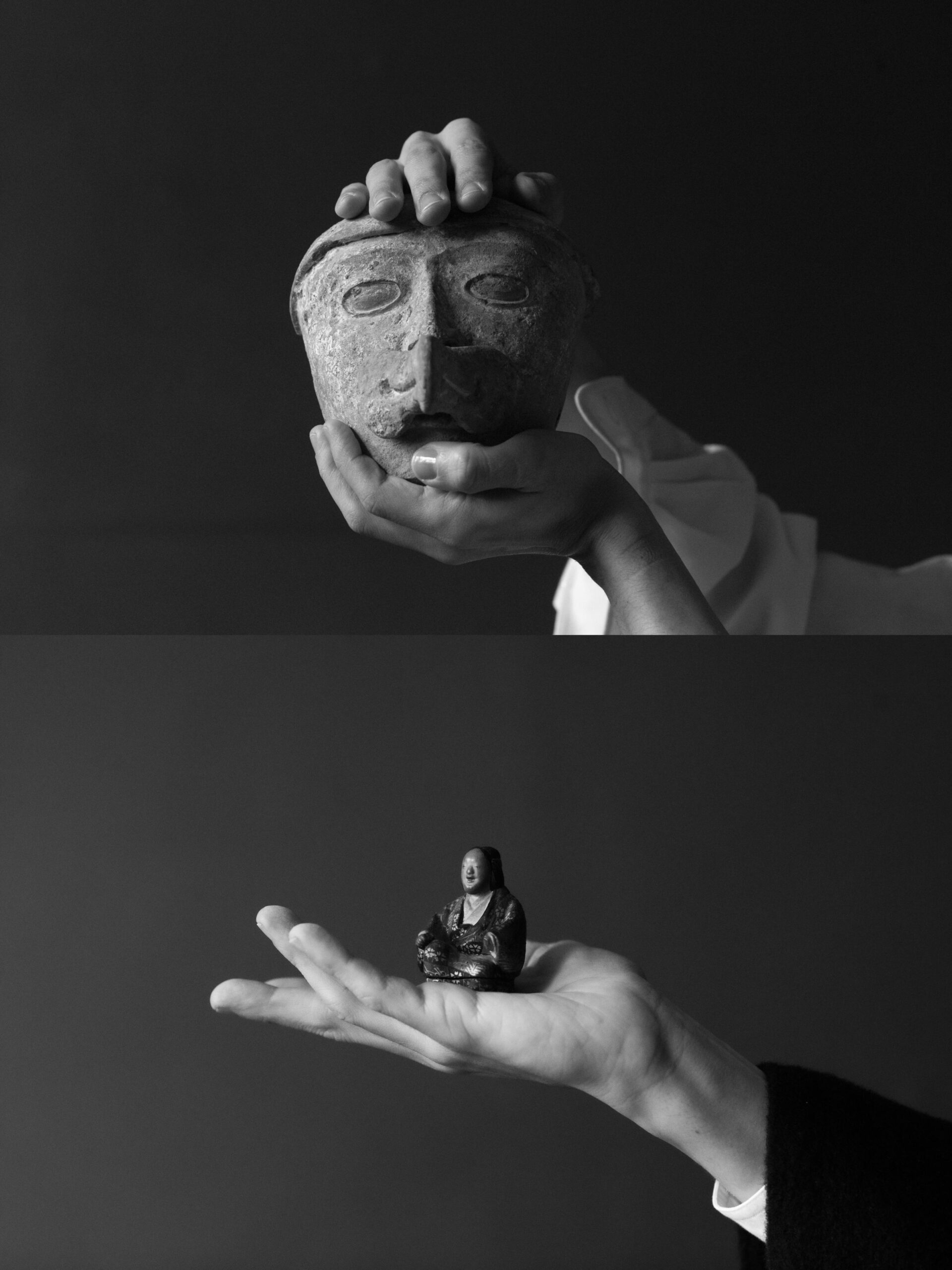 Top: A terra-cotta head of a masked youth personifying the Nahua wind god Ehecatl, circa 500 CE, bottom: An Edo period lincense holder shaped like a masked Noh actor by Okuda Mohuhaku, photography by Michael Avedon