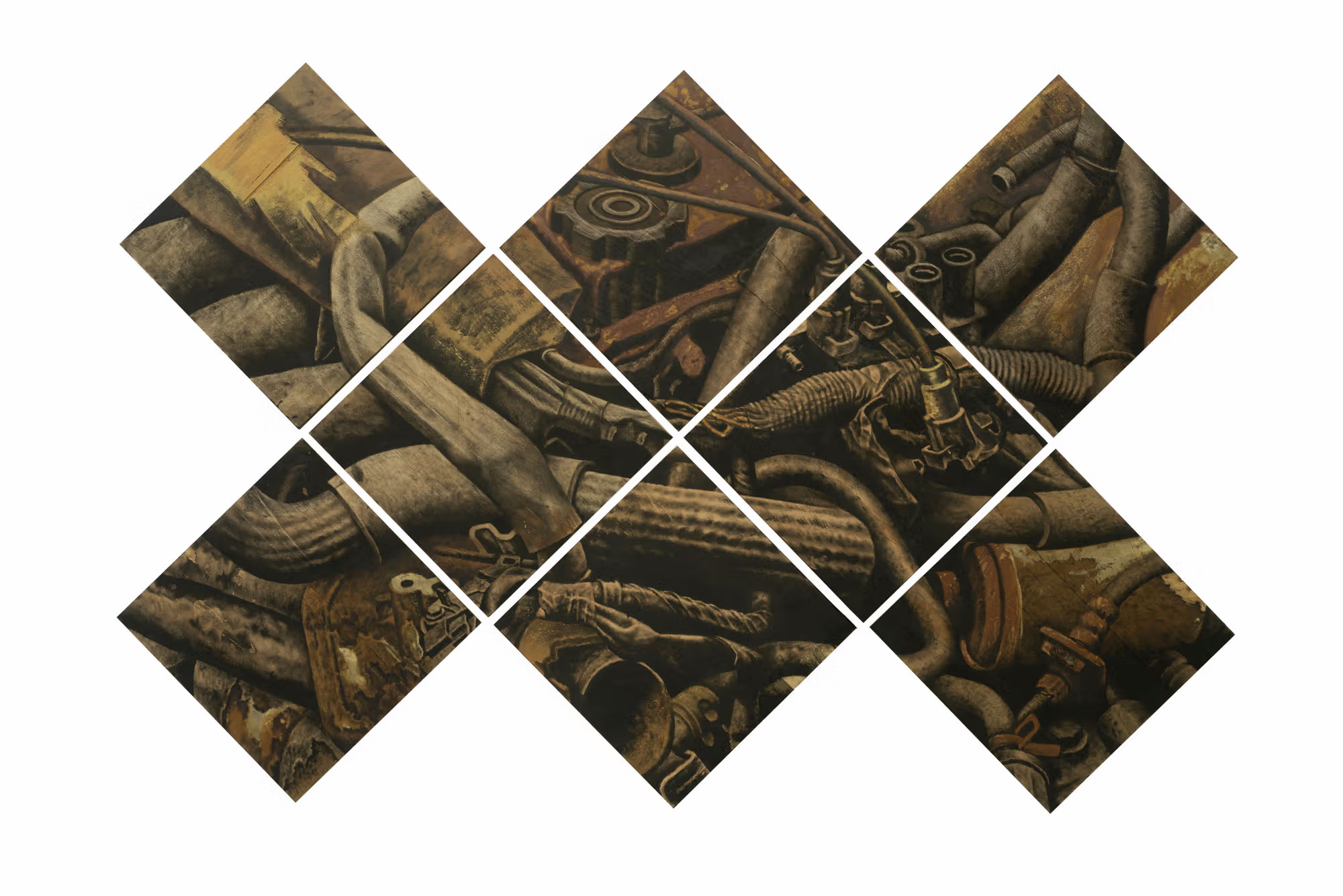 Jonathan Okoronkwo, Hard-or-Rick Paps nu, 2022, Used motor oil, dissolved metal paste from engine parts on plywood, Each: 23 1/2 × 23 1/2 in (60 × 60 cm).