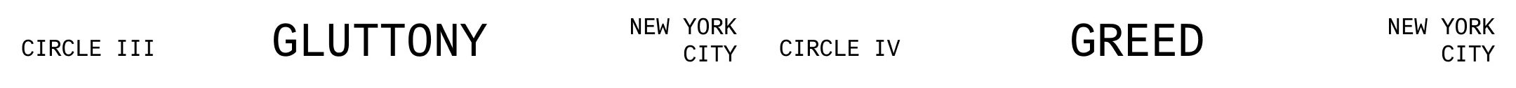 Two graphics depicting Circle III & IV: Gluttony and Greed, New York City 