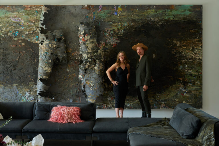 Amanda Precourt and her partner, Andrew Jensdotter, at home in Denver with Anselm Kiefer’s Engel der Geschichte, 2017