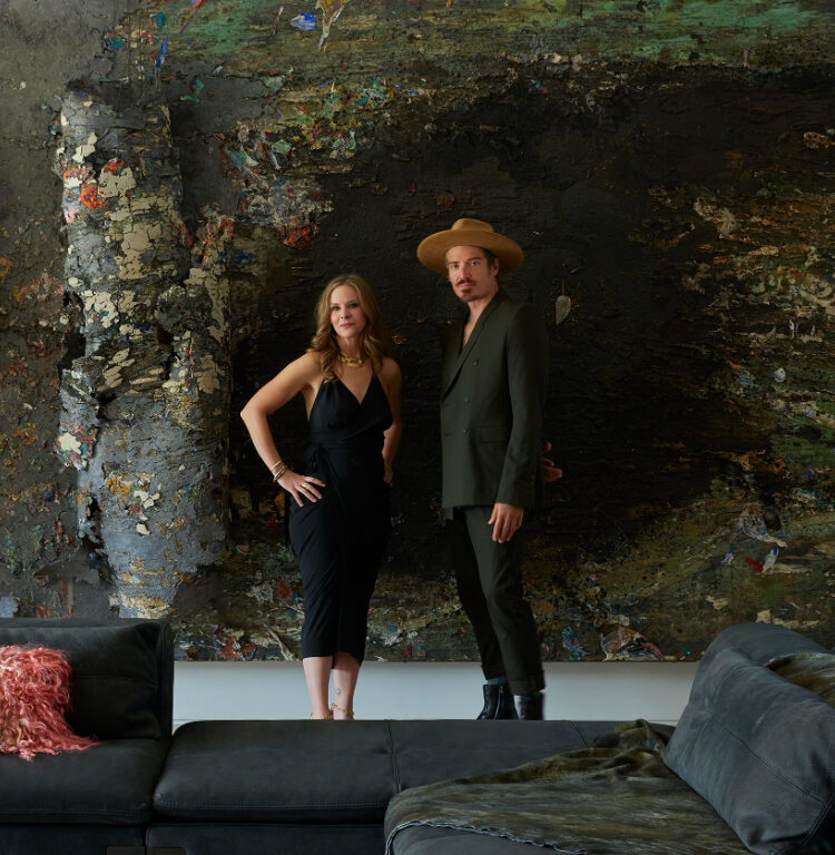Amanda Precourt and her partner, Andrew Jensdotter, at home in Denver with Anselm Kiefer’s Engel der Geschichte, 2017