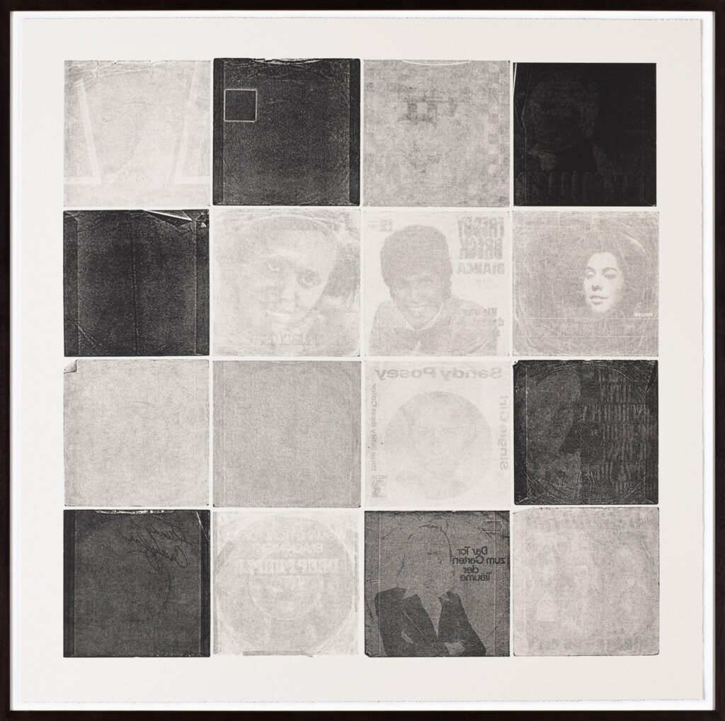 A series of black, grey, and white prints modeled on vinyl sleeves.