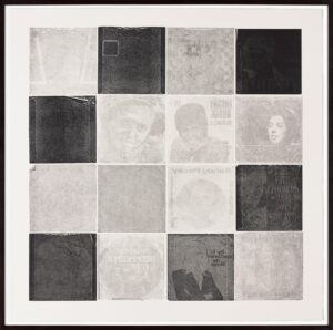 A series of black, grey, and white prints modeled on vinyl sleeves.