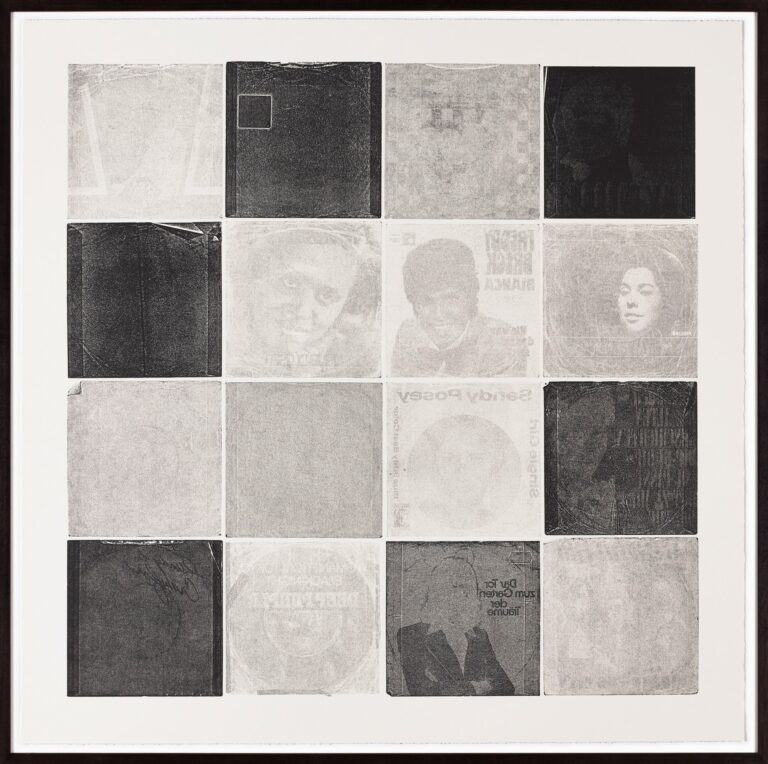 A series of black, grey, and white prints modeled on vinyl sleeves.