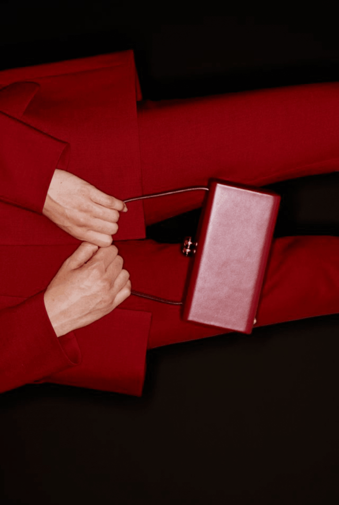 A model carries the Mimi Box Bag designed by Wes Gordon for fashion label Carolina Herrera.