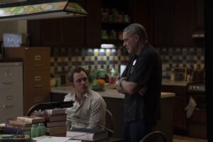 Gus Van Sant with Dacre Montgomery on the set of Dead Man's Wire.