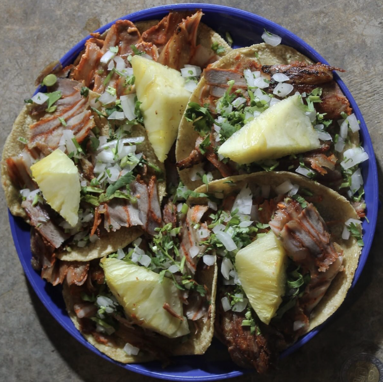 A plate of tacos al pastor from the restaurant El Vilsito in Mexico City