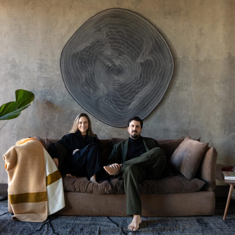 Amaury Vergara and Valeria Bross with Davis Birks' work Spiral, photographed by Sofia Pollano