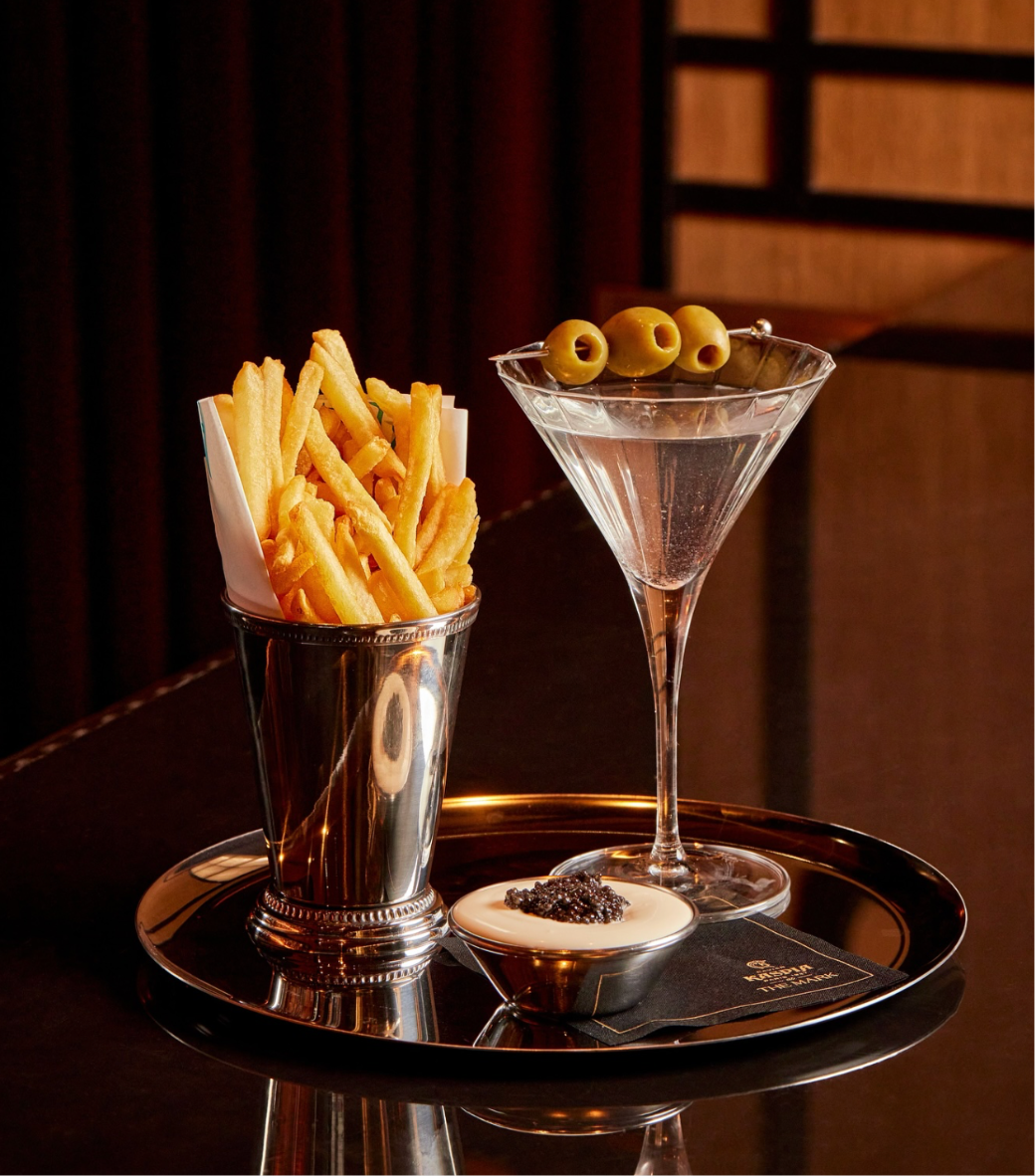 Classic Martini from Caviar Kaspia with French Fries and Caviar dip
