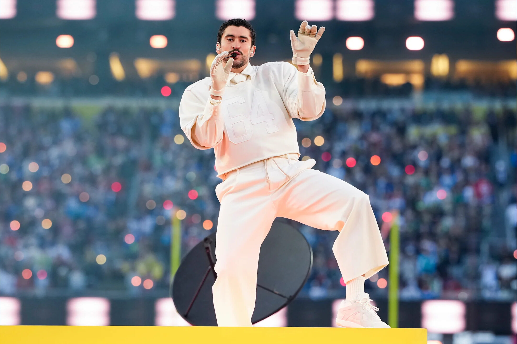 Bad Bunny performs during the Super Bowl LX halftime show in Santa Clara