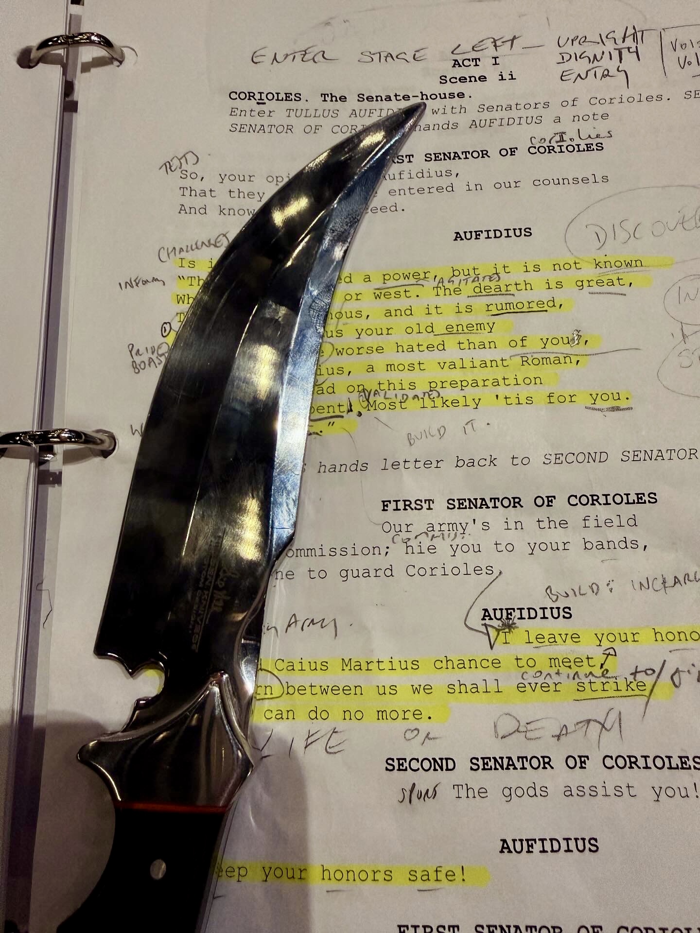 Mickey Sumner with her script and a Karambit knife