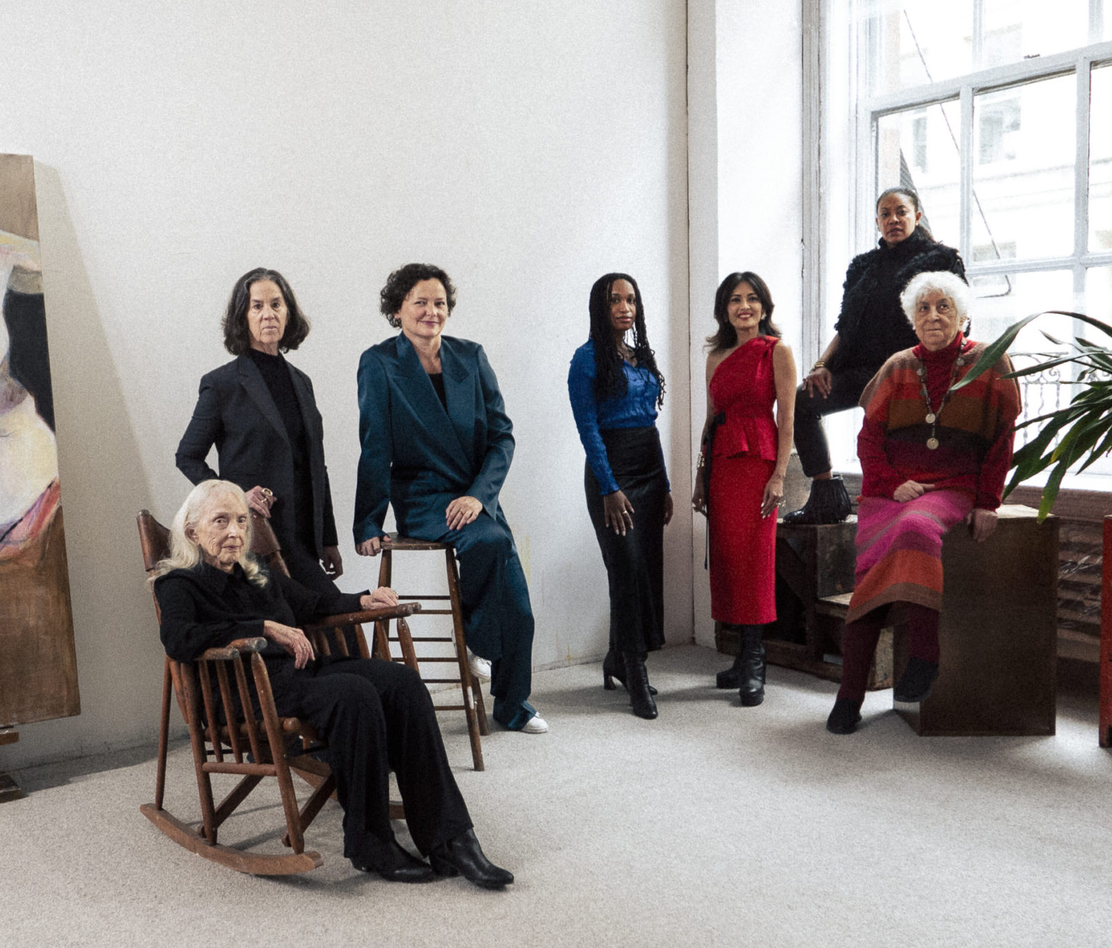 Art collector Komal Shah with artist Joan Semmel,curator Connie Butler, curator Cecilia Alemani, artist Tschabalala Self, artist Samia Halaby, and artist Adrienne Edwards for the Making Their Mark forum in Washington D.C.