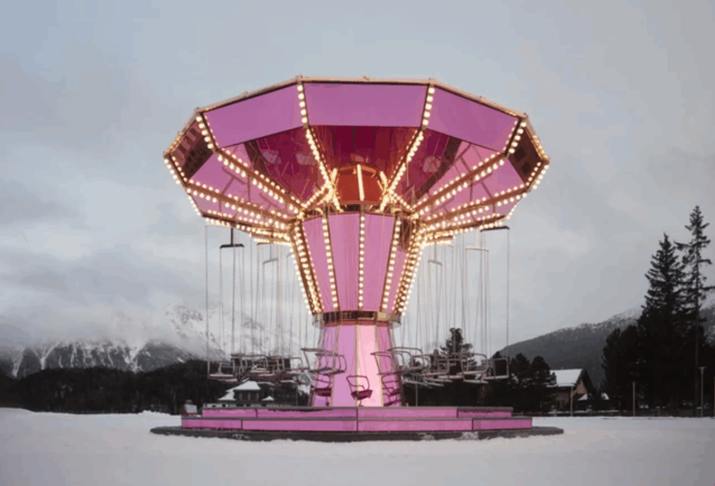 Pink Mirror Carousel and art piece and playground by Carsten Höller